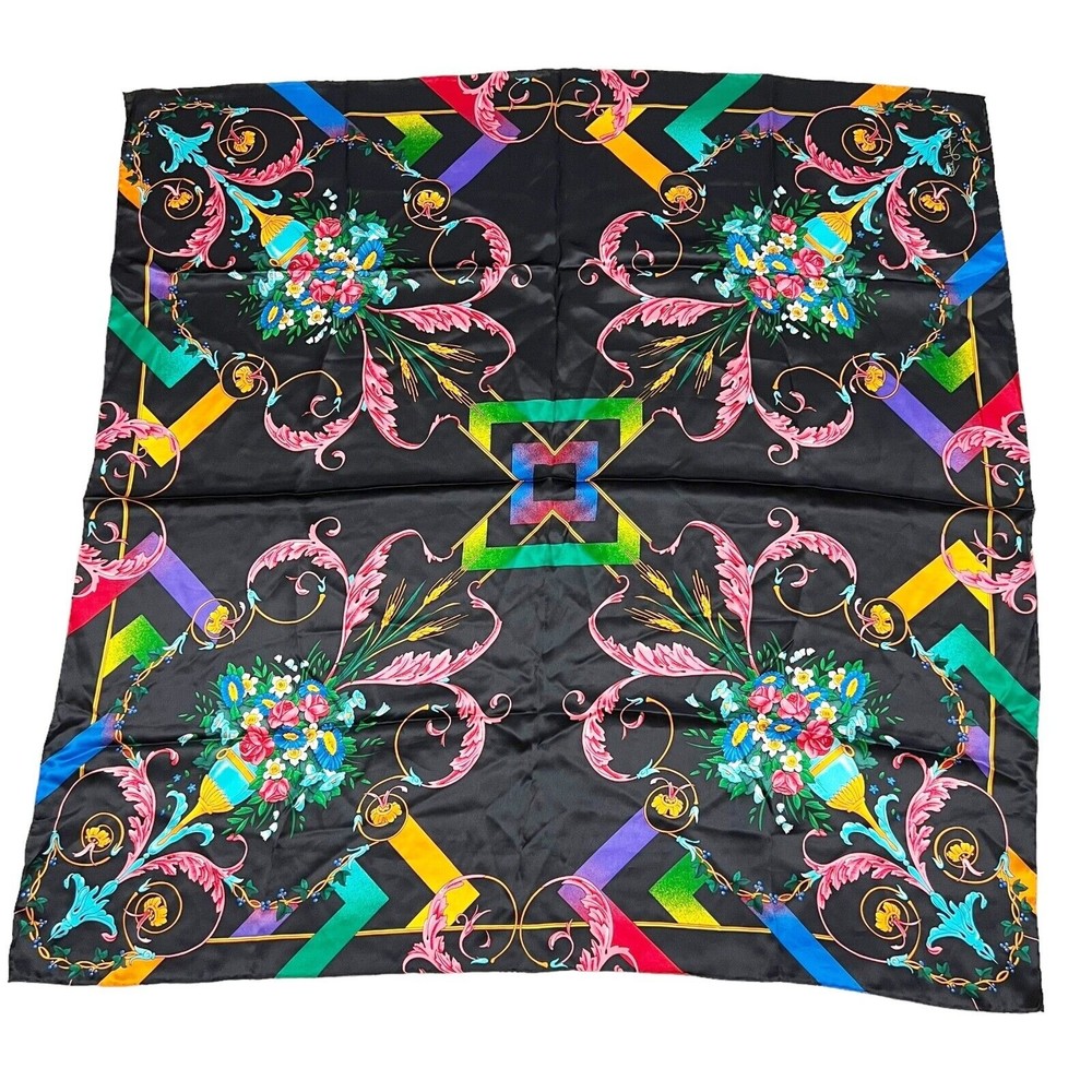Vintage Rush Limbaugh 100% Silk Retro Black Pink Blue Floral Square Scarf 34X34